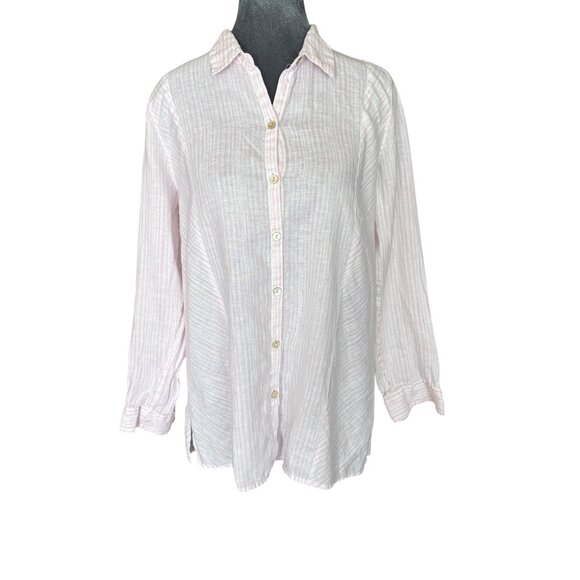 J.Jill Womens Petite M Long-Sleeve Pink Striped Button-Up Collared Linen Shirt - Picture 1 of 5